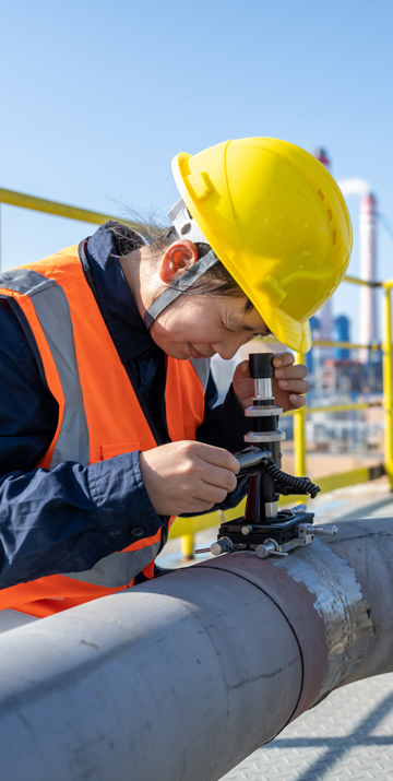 Female engineer inspecting a pipe outdoors