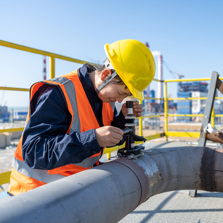 Female engineer inspecting a pipe outdoors